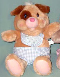 80's AMTOY Snuggle Loves Light Brown Dog with Brown Ears & Eye Patch Wearing a Bib & Diaper