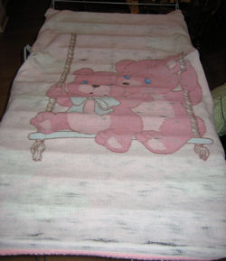80's Pink Baby Blanket with Bears Swinging in the Clouds