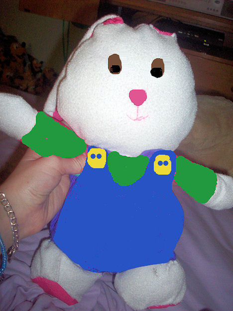 90's White Rabbit Wearing Blue Satin Overalls, with Yellow Buttons and a Green Shirt