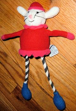 Baby Gap White Mouse with a Red Body, Skinny Black and White Striped Legs, Big Blue Feet, wearing a Red Hat