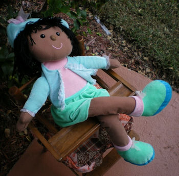 GOFFA Large Black Doll Wearing Green Blue Jacket, Skirt, Hat, Shoes,