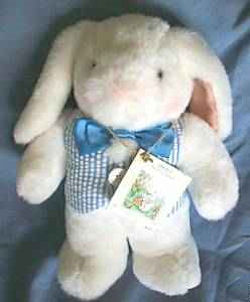 1998 Hallmark Large Floppy White Rabbit with Blue Ears Wearing a Blue Bow Tie & Striped Vest