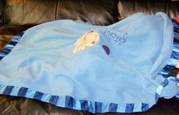 Koala Baby Blue Blanket with Light & Dark Striped Binding with a Dog, Ball, & FETCH Embroidered
