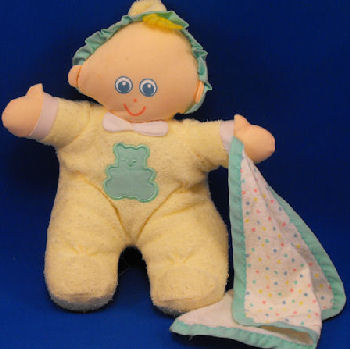 90's Little Tikes Blond Doll Wearing Yellow Sleeper & Bonnet Holding Blankie