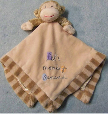 Messages from the Heart Let's Monkey Around Tan Monkey Rattle Blankie with Stripe Hem & Satin Lining