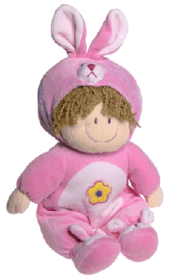 RUSS Brunette Doll Wearing a Pink Rabbit Costume & Bunny Slippers
