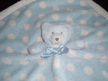 07 Blankets & Beyond BLUE BEAR BLANKIE with WHITE POLKA DOTS