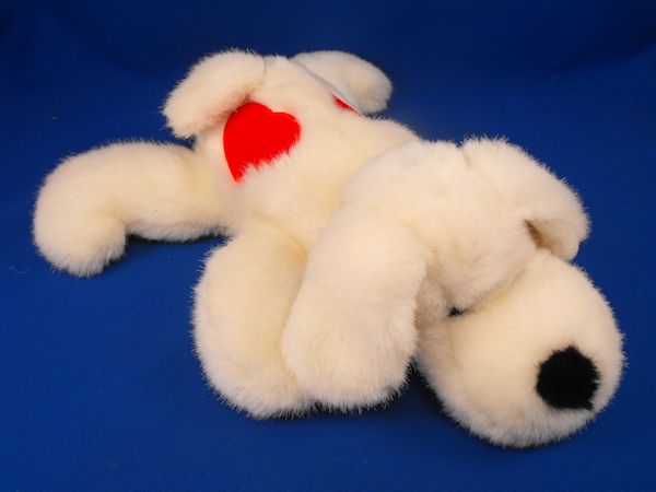 SKM Large White Furry Lying Down Dog Red Hearts